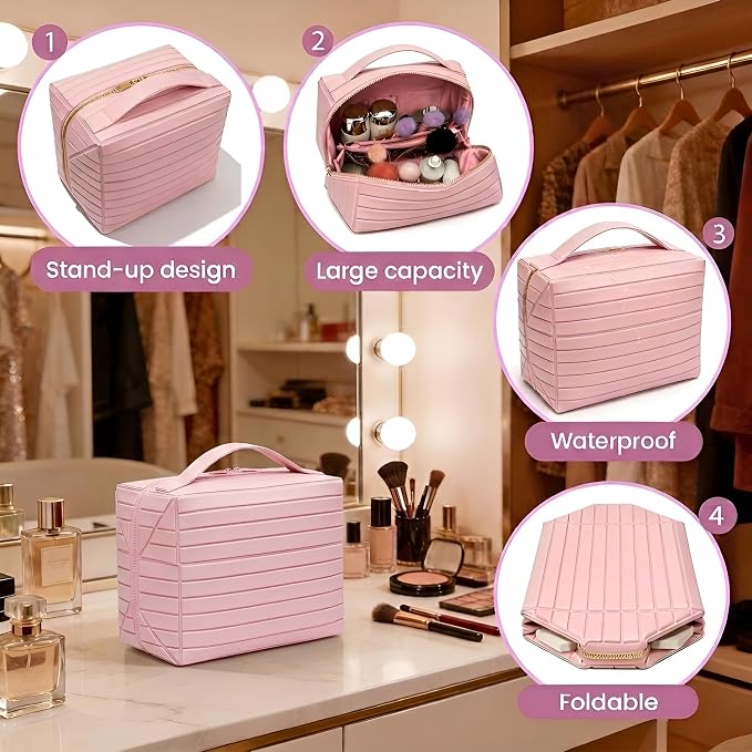 Fold Down Standing Makeup Bag – Large Travel Toiletry Organizer (Pink) | Parallel Design and Adjustable Dividers, Stands Upright or Folds Flat. Multiple Pockets Fit Full‑Size Cosmetics & Toiletries. - Image 3
