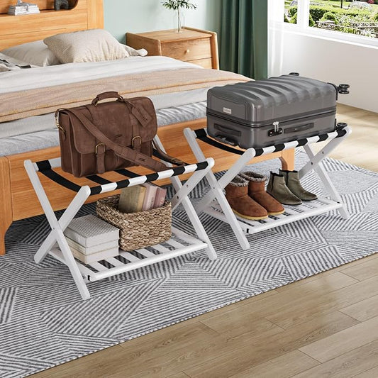 Smuxee Fully Assembled White Luggage Rack Pack of 2, Bamboo Foldable Suitcase Stand with 5 Nylon Straps, Luggage Holder with Shelf for Guest Room Bedroom Hotel by Smuxee