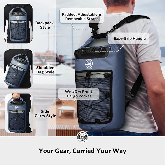 STOVER 5/10/25/30/40L Waterproof Dry Backpack & Phone Case- Large Floating Dry Bag for Kayaking, Travel, Hiking, Fishing, Camping, Motorcycles & Beach, Heavy-Duty Roll Top Men/Women (Navy Blue) - Image 3