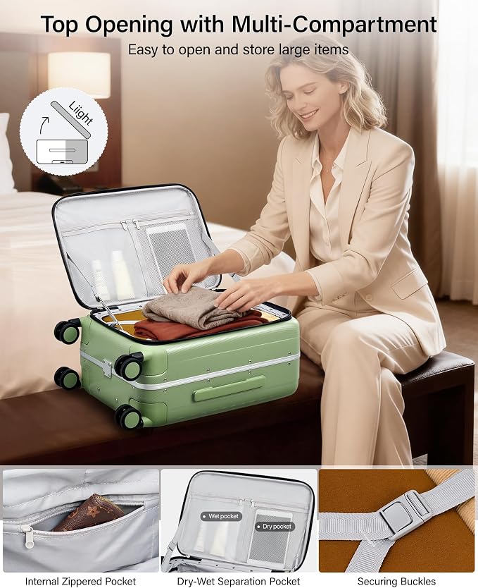 Hanke 20 Inch Carry-On Luggage with Wheels PC Hard Shell Suitcases Top Opening Aluminum Frame Travel Luggage Suitcases for Woman Men.(Bamboo Green) - Image 6