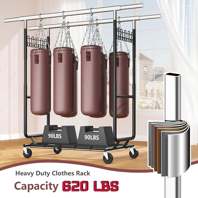 Hoctieon 2-Minute Assembly Double Rod Clothes Rack, Heavy Duty Rolling Clothing Racks with Wheels, Foldable Commercial Garment Rack, Extendable Hanging Bar, Adjustable Metal Pole with Hooks, Black - Image 5