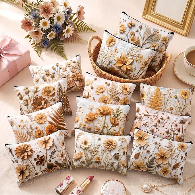 Sweetude 12 Pcs Fall Relief Flowers Makeup Bag Bulk Orange Autumn Portable Travel Cosmetic Bag with Zipper Fall Floral Waterproof Roomy Travel Toiletry Organizer Storage Beauty Pouch for Women Gifts - Image 2