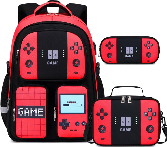 Jafeton Gamer Backpack for Boys, 3PCS Boys Backpack with Lunch Box & Pencil Pouch, Waterproof School Bags for Boy Kids Children Teens, Elementary Middle School, Kids Book Bag Casual Daypack (Red) by Jafeton