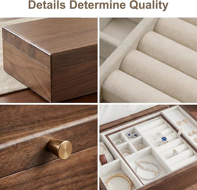 Wooden Jewelry Box for Women, Black Walnut | Jewelry Organizer & Storage, Velvet Lining, Multi-Compartment, Travel Jewelry Case for Ring Necklace Earring - Image 7