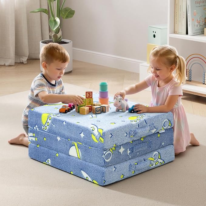 MeMoreCool Glow Rocket Kids Foldable Floor Mattress, 57x22 Inch Blue | Glow rocket trifold mattress for boys room, playroom, camping and travel - Image 5