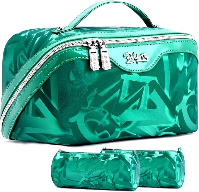 BOYATU Travel Makeup Bag for Women: Y2K Aesthetic Personalized Glossy 3 Pcs Set Cosmetic Organizer Bag - Trendy Statement Toiletry Pouches for Forward Women - Stand Out at Festivals & Trips(D-1-Green) by BOYATU