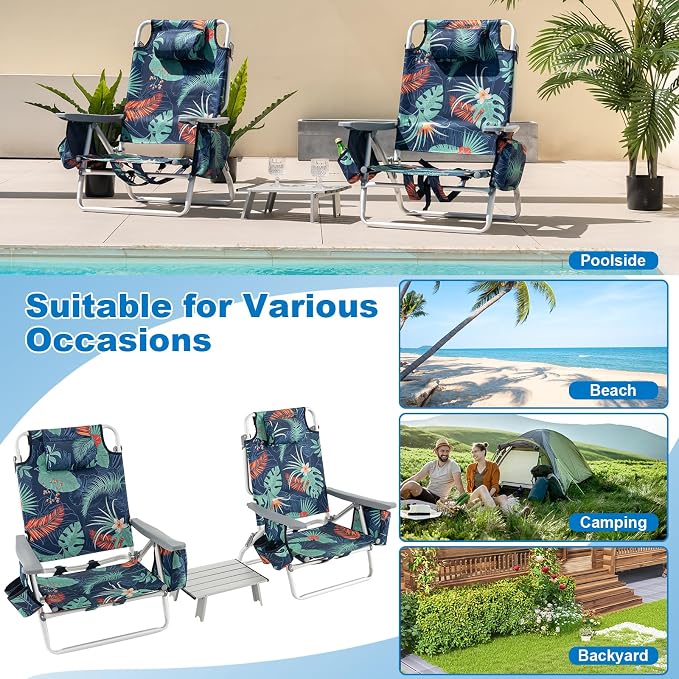 Giantex Folding Beach Chair, Patio Sling Chairs with 5 Adjustable Position, Head Pillow, Storage Bag, Towel Bar, Cup Holders, Backpack Chairs for Sunbathing, Camping Chair - Image 9