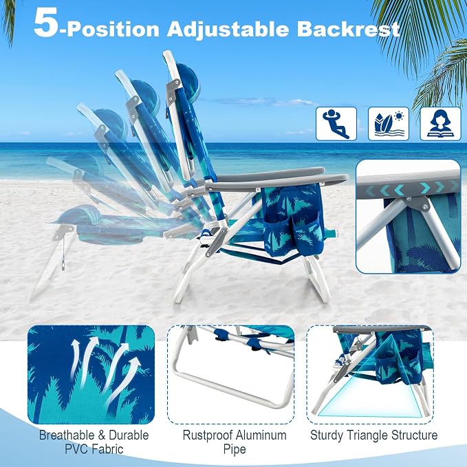 Giantex Folding Beach Chair, Patio Sling Chairs with 5 Adjustable Position, Head Pillow, Storage Bag, Towel Bar, Cup Holders, Backpack Chairs for Sunbathing, Camping Chair - Image 7