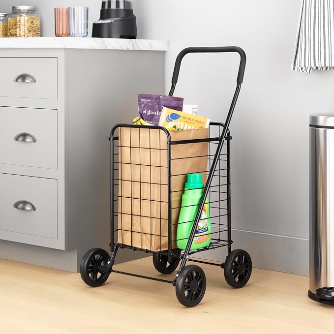 Whitmor Foldable Utility Shopping Cart with Wheels, Heavy Duty Metal Grocery Cart, Portable Foam Handle, Rolling Collapsible Trolley for Groceries, Laundry, Storage, Black - Image 2