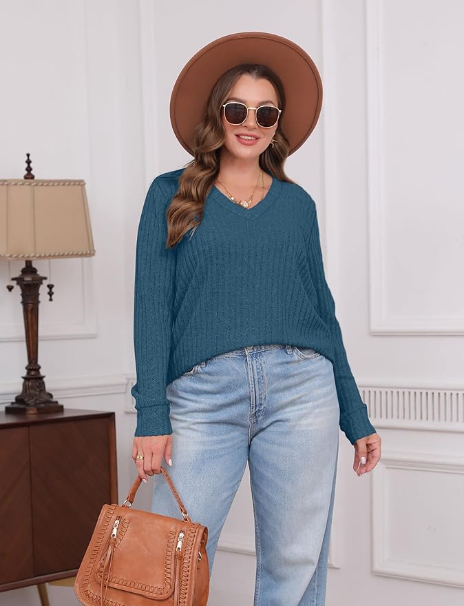 Sampeel V Neck Long Sleeve Shirts for Women Casual Fall Tops Lightweight Tunic Sweaters Fashion Clothes Loose Fit 2025