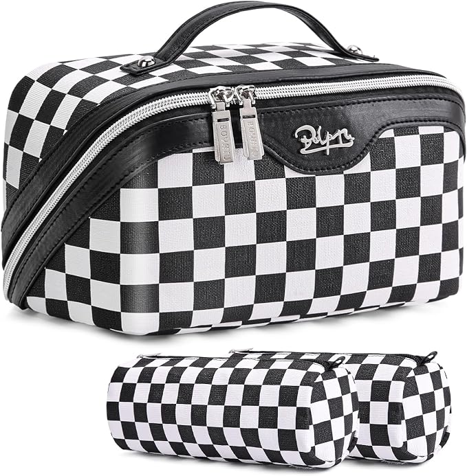 BOYATU Travel Makeup Bag Cosmetic Bags for Women: Large Make up Bags Set of 3 - Portable Makeup Organizer with Compartments&Handle&Divider - Waterproof PU Leather Toiletry Bag(A-5-Checkered Mix Black) by BOYATU