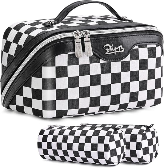 BOYATU Travel Makeup Bag Cosmetic Bags for Women: Large Make up Bags Set of 3 - Portable Makeup Organizer with Compartments&Handle&Divider - Waterproof PU Leather Toiletry Bag(A-5-Checkered Mix Black) by BOYATU