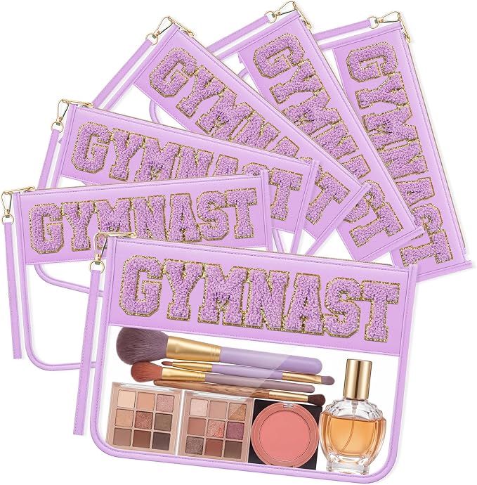 6 Pcs Gymnastics Gifts Cosmetic Makeup Bags, Purple Clear PVC Zipper Pouch with Chenille Letter Patch, Waterproof Travel Toiletry Storage Bag for Team Girls Women Party Favor by Unknown