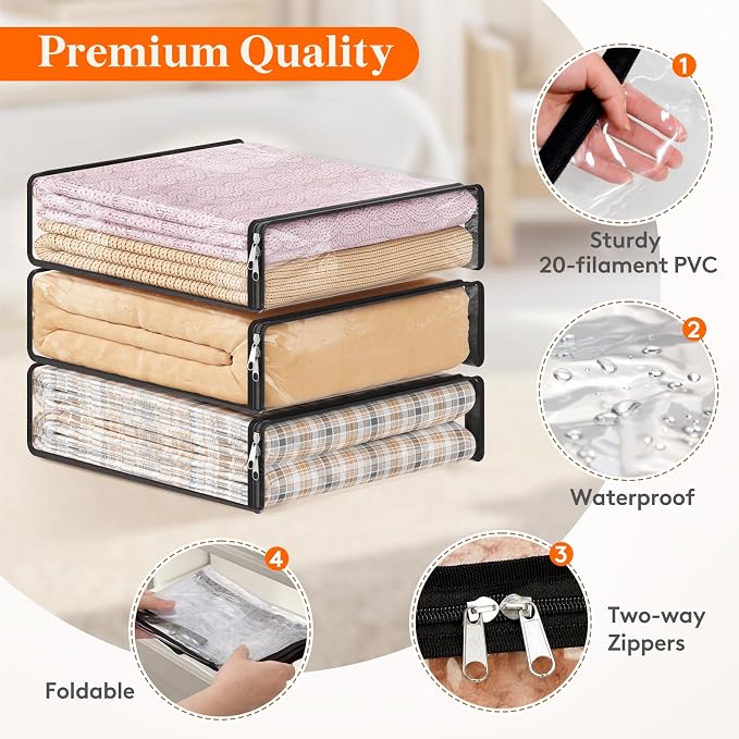 Lifewit 14L Clear Sheet Storage Bags with Zipper 10 Pack, Plastic Sweater Storage Bins for Clothing, Vinyl Foldable Clothes Containers Organizers for Closet, Blankets, Bedding 15.7 x 13.8 x 3.9 Inch - Image 3