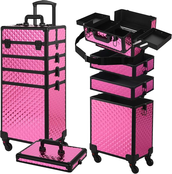 Somduy Rolling Makeup Case, Makeup Train Case with Lid, 5 in 1 Cosmetology Case on Wheels, Christmas Gift, Large Makeup Organizers, Profesional Cosmetic Case for Salon Barber, Rose Red - Image 8