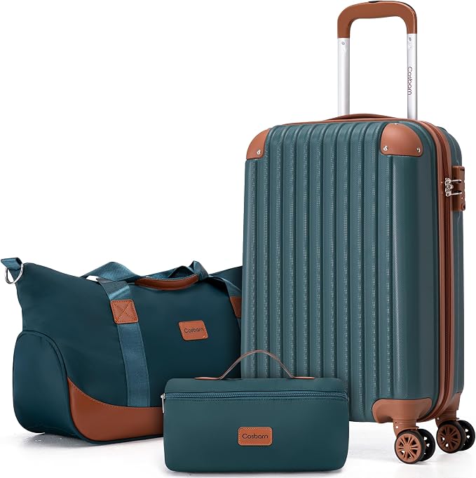 Cosbarn Carry On Luggage Sets 3 Piece, 20 Inch Luggage 22x14x9 Airline Approved with Wheels and TSA Lock, ABS Lightweight Hardshell Travel Suitcase Set with Duffel Bag Travel Bag for Men Women by Cosbarn