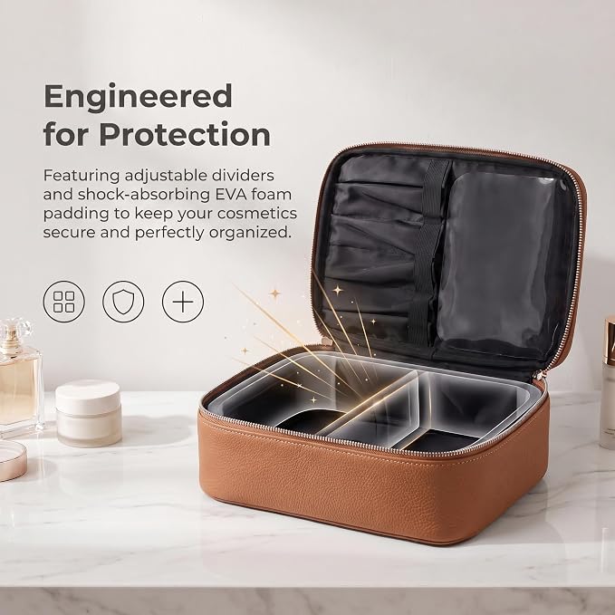 Luxury Genuine Cowhide Leather Cosmetic Organizer Bag – Large Capacity Makeup & Toiletry Travel Case with Compartment, Brush Holder for Women and Men - Image 5