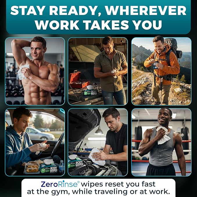 After Gym Body Wipes for Men (4 Pack) – 200 XL No Rinse Shower Wipes + 16 Travel Bath Sheets, 10" x 11.5" Disposable Washcloths for Bathing, Camping, Survival Gear and Travel