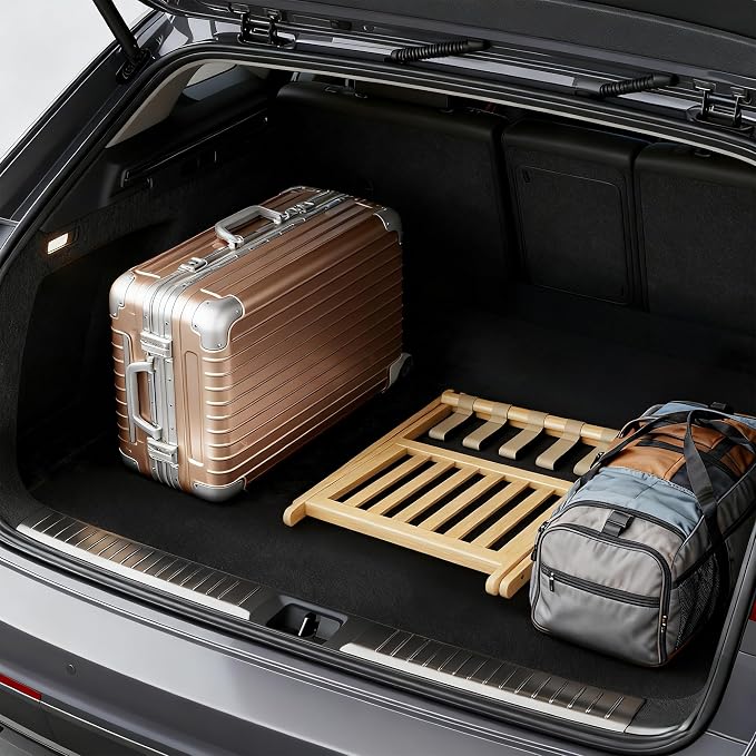 Full Assembled 26.77"L Luggage Rack for Guest Room, Set of 2 Foldable Suitcase Stand with 5 Nylon Straps, Luggage Holder with Shoe Shelf for Suitcases Hotel (Natural Wood Bamboo Luggage Stands) - Image 8