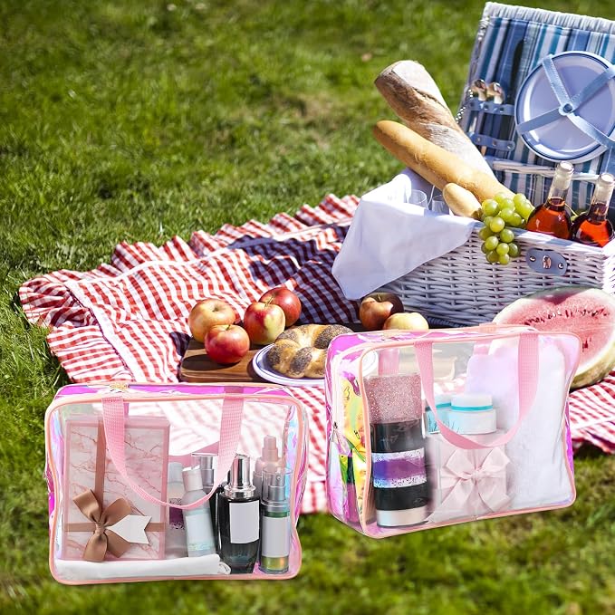 Sweetude 6 Pcs Large Clear Toiletry Bag with Handle Large Capacity Travel Iridescent Beach Makeup Bag PVC Clear Plastic Tote Punch Cosmetic Clothes Storage Organizer for Women Men (Pink) - Image 7