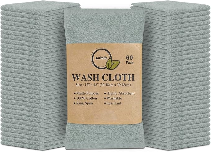 100% Cotton Washcloths 60 Pack (12x12 Inches) Soft, Highly Absorbent Washcloth, Face Towels, Wash Cloths for Face, Ring Spun, Bulk Pack (Silver Grey) by Softolle