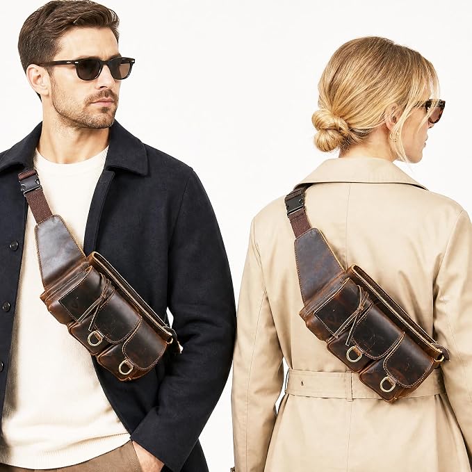 Water Resistant Canvas + Leather Hiking Riding Travel Fanny Waist Pack Small Phone Pouch For Men Women FB811-29 (100% Leather-The 341 Coffee) - Image 3