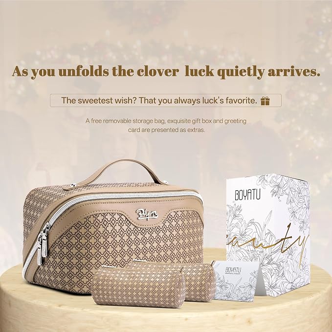BOYATU Travel Makeup Bag for Women: Four Leaf Clover Large Capacity 3 Pcs Set Cosmetic Bags - Waterproof 50% Extra Space for Toiletry Organizer - Travel Essentials for Fortunate (05 Brown) - Image 6