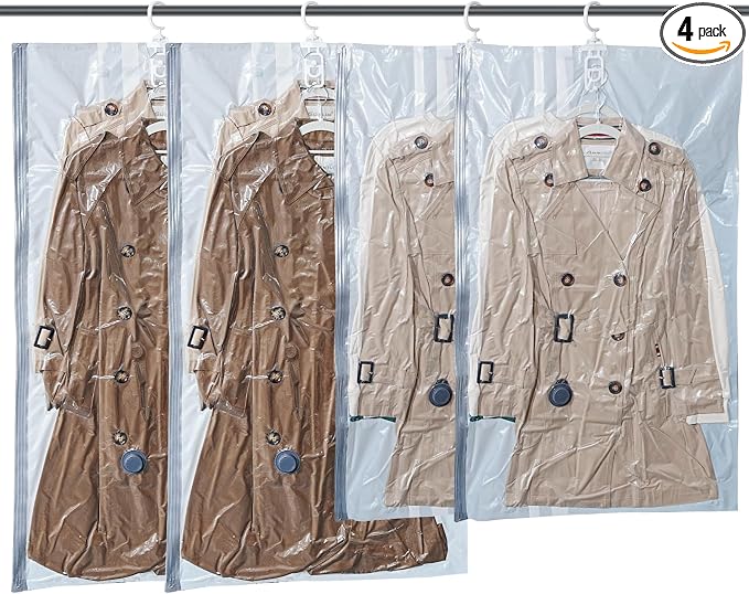 Vacbird Hanging Vacuum Storage Bags for Clothing 4 Pack Hanging Vacuum Seal Bags for Clothing Suit Bags Closet Storage, Hanging Plastic Clothes Cover for Coat, Dress, Fur, Shirt by Vacbird