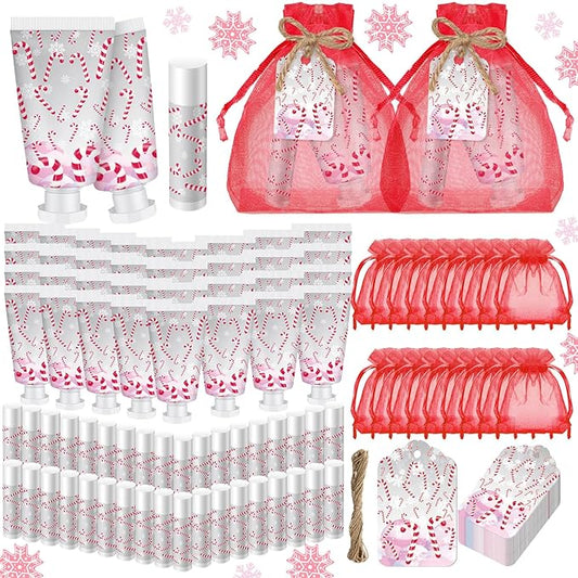 24 Sets Christmas Candy Cane Pattern Hand Cream and Lip Balm Gifts Bulk Candy Apple Hand Lotion for Women Travel Size Xmas Wedding Shower Favors for Guests