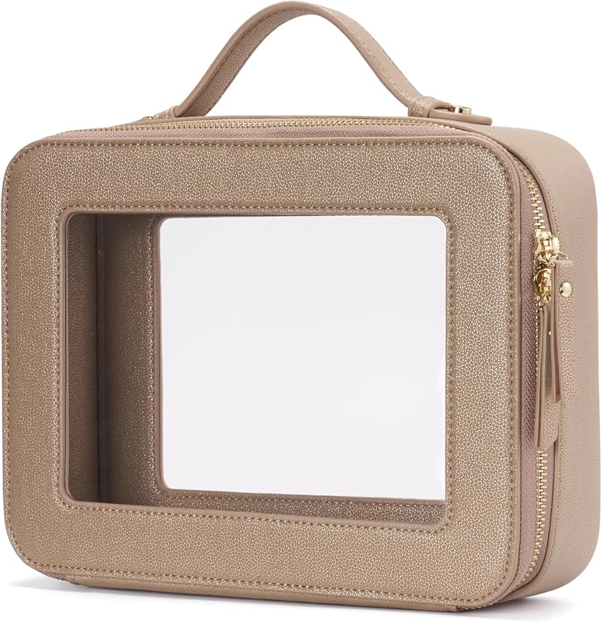 Popvibe Clear Makeup Bag Travel Cosmetic Case Transparent Toiletry Bag with Zipper, Portable Make Up Organizer Traveling Compact Car Bag for Essentials, Gold, Large by POPVIBE