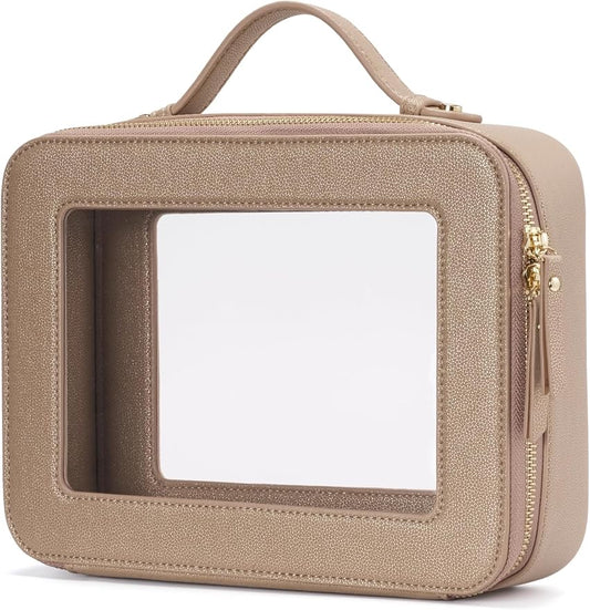 Popvibe Clear Makeup Bag Travel Cosmetic Case Transparent Toiletry Bag with Zipper, Portable Make Up Organizer Traveling Compact Car Bag for Essentials, Gold, Large by POPVIBE