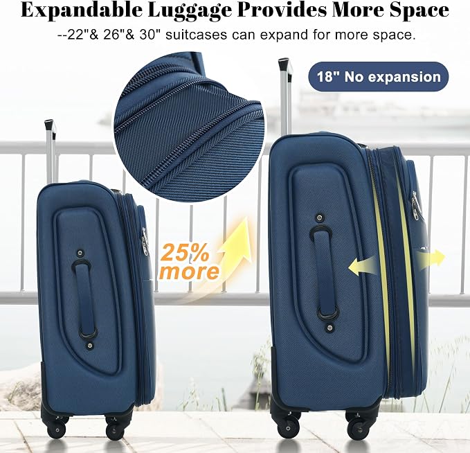 Merax 4-Piece Expandable Luggage Set,Softside Suitcase,Deep Blue | 18" 22" 26" 30" Lightweight Luggage with Spinner Wheels,Suitcase Set with TSA Lock,Front Pocket & Interior Organization - Image 4