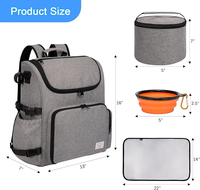 Modoker Multi-Compartment Dog Travel Backpack for Pet Supplies, Grey | Dog Travel Accessories Organizer with 2 Food Bags, 2 Bowls, Quick-Access Pockets, Tissue Opening, Luggage Sleeve, Feeding Mat - Image 4