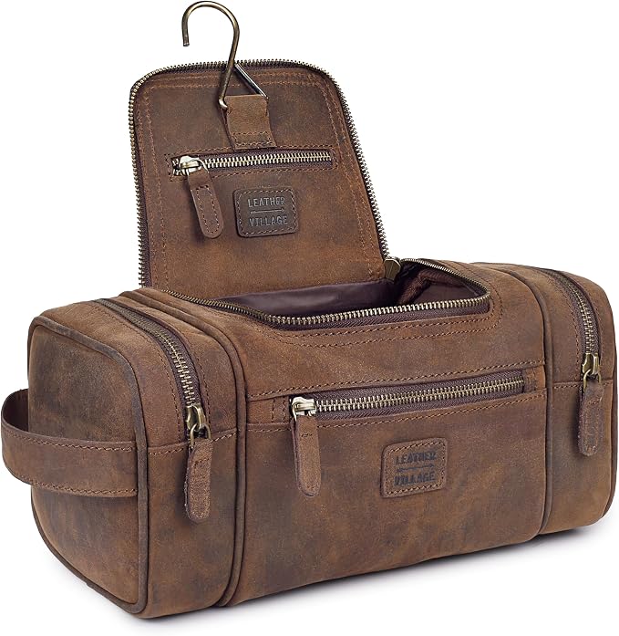 LEATHER VILLAGE Genuine Leather Travel Dopp Kit for Men & Women – Water-Resistant Large-Capacity Hanging Toiletry Bag for Travel, Grooming, Bathroom Organization, Shaving Essentials & Gym Use - Brown by LeatherVillage