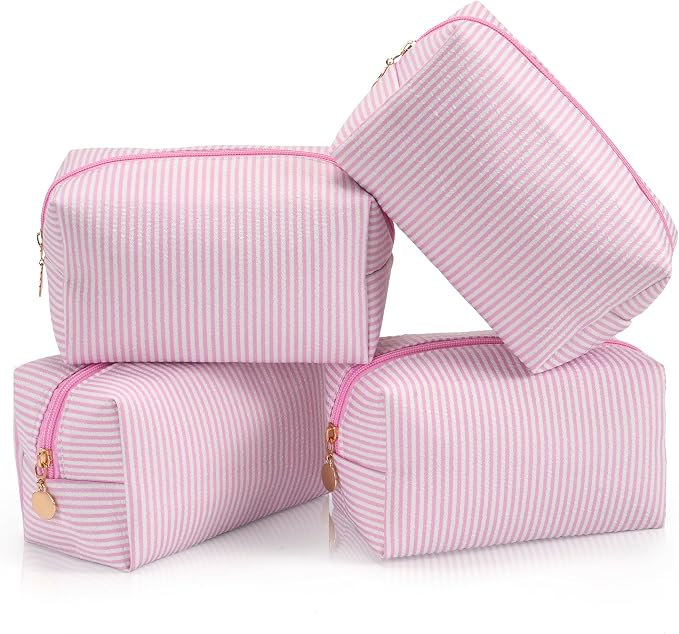 Makeup Bag Set for Women, 4PCS Travel Cosmetic Bags, Striped Seersucker Toiletry Organizer Pouches, Cute Makeup Pouch for Purse, Accessories and Gifts, Pink by Unknown
