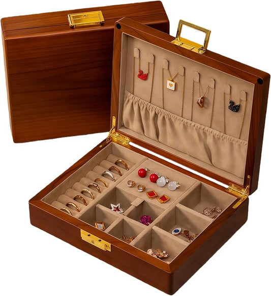 Solid Black Walnut Jewelry Box with Lock and Key Large Capacity Vintage Wooden Organizer for Women and Men Ring Necklace Earring Cufflink Storage Compartments Removable Dividers Gift by LIBOLXSP