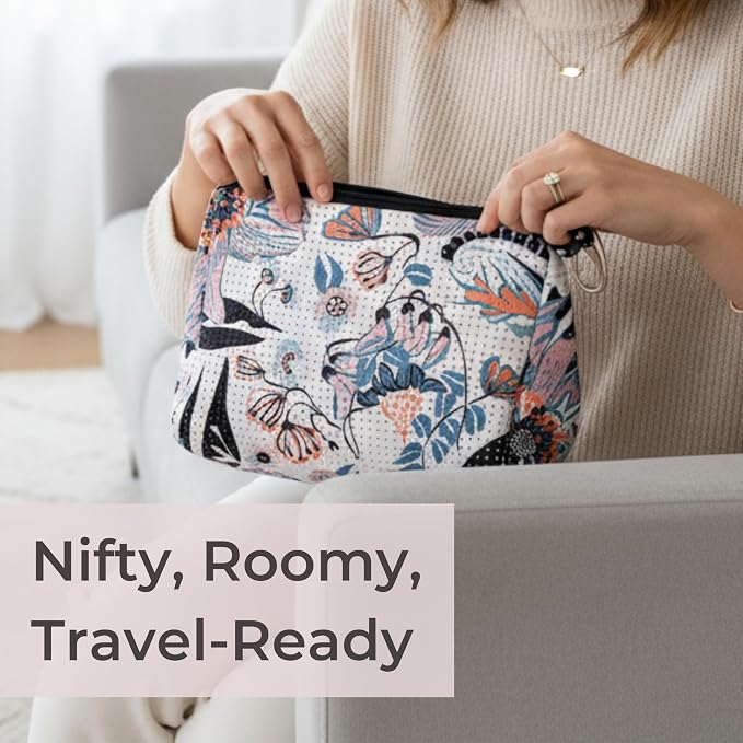 POPUPS Brand Large Makeup Bag with Zipper - Neoprene Machine Washable Travel Toiletry Cosmetic Organizer Pouch for Women (Print Blossom White) - Image 7
