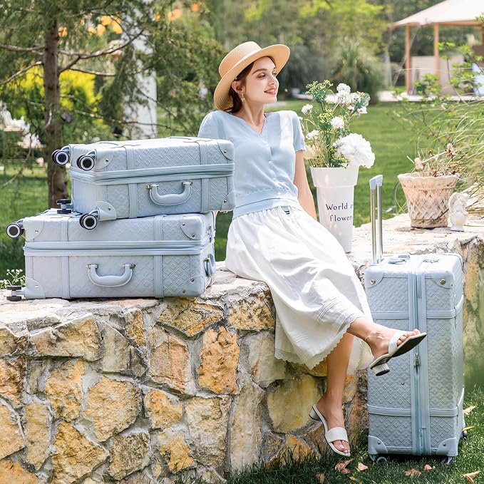 NZBZ Vintage Luggage Sets for Women Retro Suitcase Cute Vintage Expandable Luggage of 3 (Sky Blue, 20inch & 24inch & 28inch) - Image 2