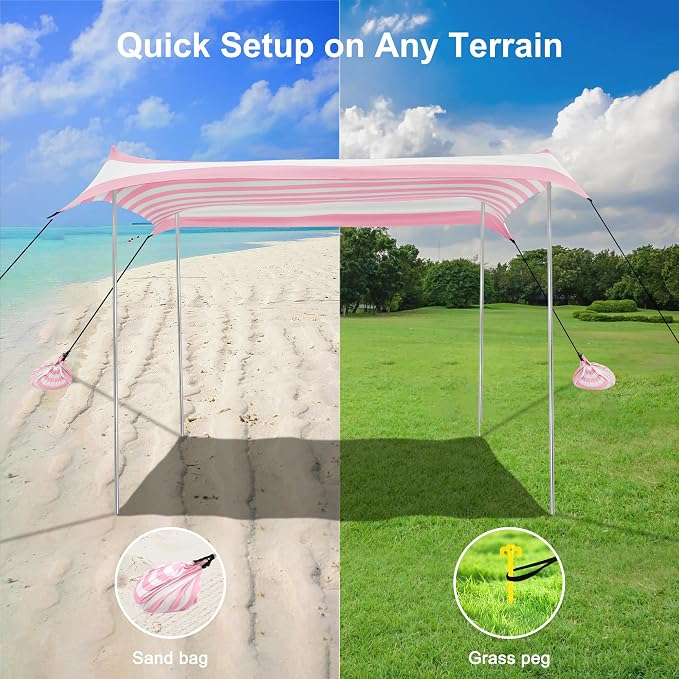Beach Tent Canopy, UPF 50+ UV Protection Beach Sun Shade, Portable 10×10 FT Large Pop-Up Tent Sun Shelter with Sand Anchors, Ground Pegs, Easy Setup for Camping, Park, and Backyard Fun-Pink Stripe - Image 4