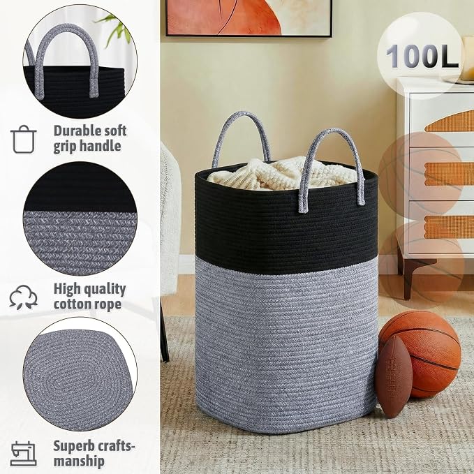 Laundry Basket,Woven Cotton Rope Laundry Hamper,Versatile Storage for Dirty Clothes,Baby Toys,and Blankets in Bathroom, Nursery,and Living Room (Black, 100L) - Image 2
