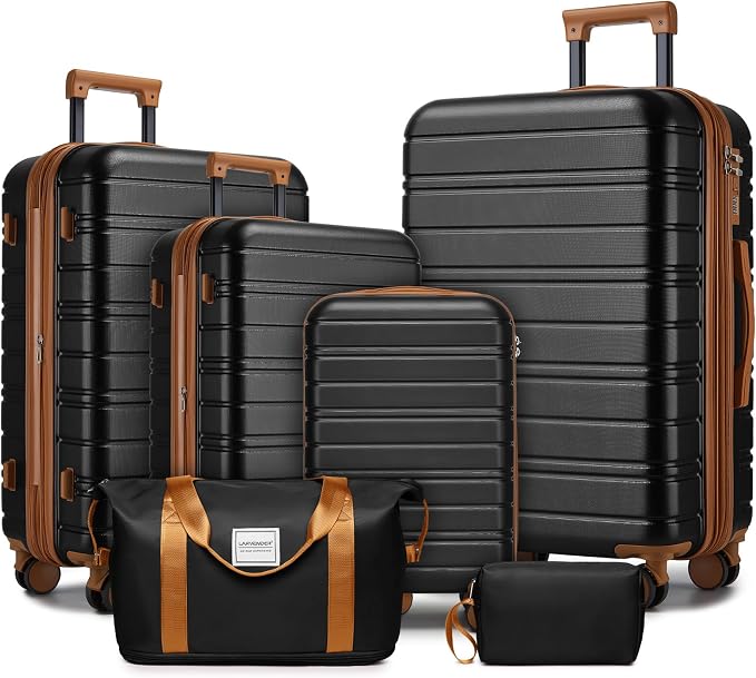 6 Piece Luggage Set Hard Shell - Black Expandable Suitcases with Spinner Wheels and Duffel Bags for Family Travel, Durable Carry On Luggage Sets with Lock for Women and Men by Unknown