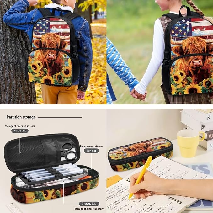 POLERO Kids School Backpack Set American Flag Sunflower Highland Cow Print Bookbags with Lunch Box for Middle Elementary School - Image 4