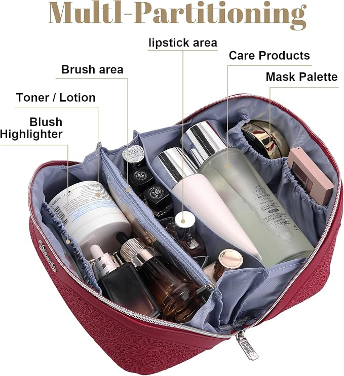 BOYATU Travel Makeup Bags Cosmetic Organizer Bag: 3 Pcs Set Large Capacity Make up Bag with Compartments - Waterproof Leather Toiletry Bags with Handle for Women (A-Red) - Image 3