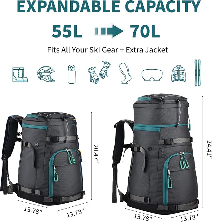 55L-70L Expandable Ski Boot Bag – Waterproof, Durable with Helmet Compartment – Ideal for Ski & Snowboard Gear – Men & Women - Image 2