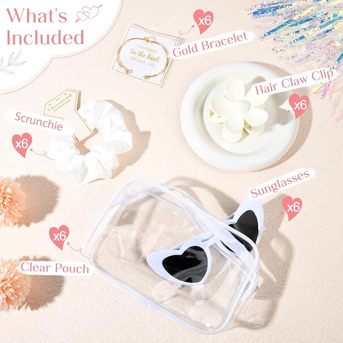 DEEKA 30 Pcs Bridesmaid Proposal Bag Set Gift Clear Makeup Toiletry Bag Bachelorette Party Favors Sunglasses Flower Claw Clips Scrunchies Knot Bracelets Bridal Wedding Party Gifts (White) - Image 2