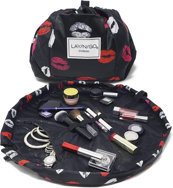 Lay-n-Go Cosmo Layflat Drawstring Cosmetic & Makeup Bag Organizer w/Zipper Pocket, Brush Loops & More, Cinch to Close, Lay Flat to Use, Durable, Machine Wash, Travel Toiletry Bag (20", Lips/Black) by Lay-n-Go