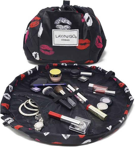 Lay-n-Go Cosmo Layflat Drawstring Cosmetic & Makeup Bag Organizer w/Zipper Pocket, Brush Loops & More, Cinch to Close, Lay Flat to Use, Durable, Machine Wash, Travel Toiletry Bag (20", Lips/Black) by Lay-n-Go