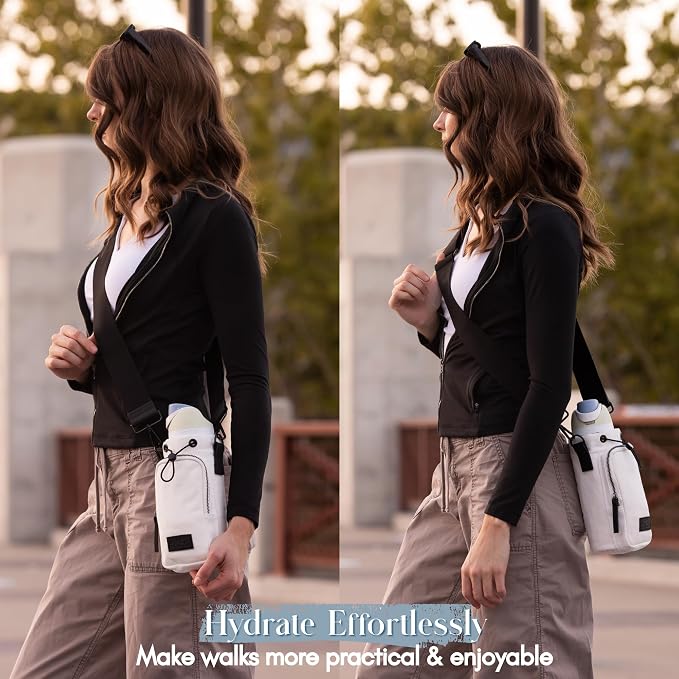 Water Bottle Holder with Strap & Pocket Fits 16 to 32 oz Bottles Crossbody Water Bottle Carrier for Women Canvas and Leather - Image 2