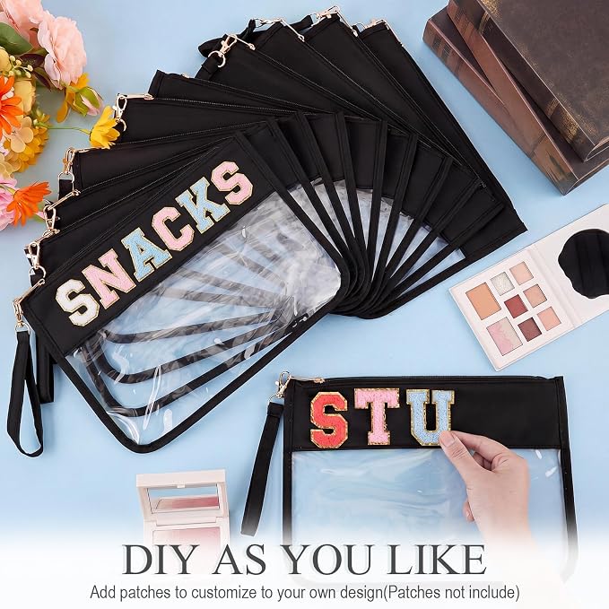 Sweetude 24 Pcs Clear Makeup Bags with Wristlet Pouch DIY Chenille Letter Bag Bulk Waterproof Toiletry Flat Preppy Nylon Clear Zipper Pouches Snack Organizer for Women(Black) - Image 3