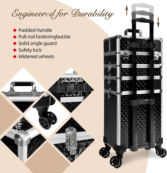 5 in 1 Rolling Makeup Train Case Professional Cosmetic Trolley Large Storage Organizer on Wheels for Hairstylist Artist Nail Beauty Salon Barber Black - Image 7